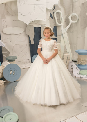 Short Sleeves Ivory Glitter Lace Tulle Flower Girl Dress